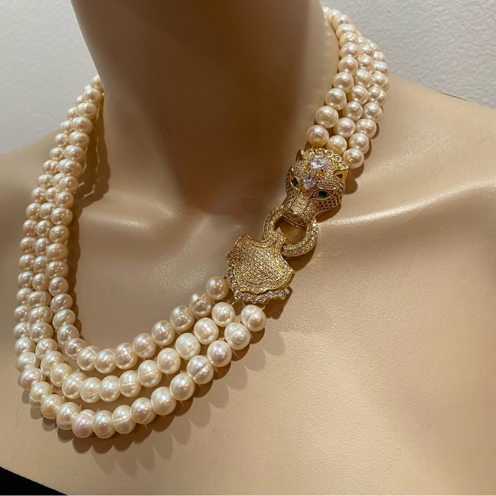 Fresh water pearls 3 row necklace with macro pave panther head clasp handmade